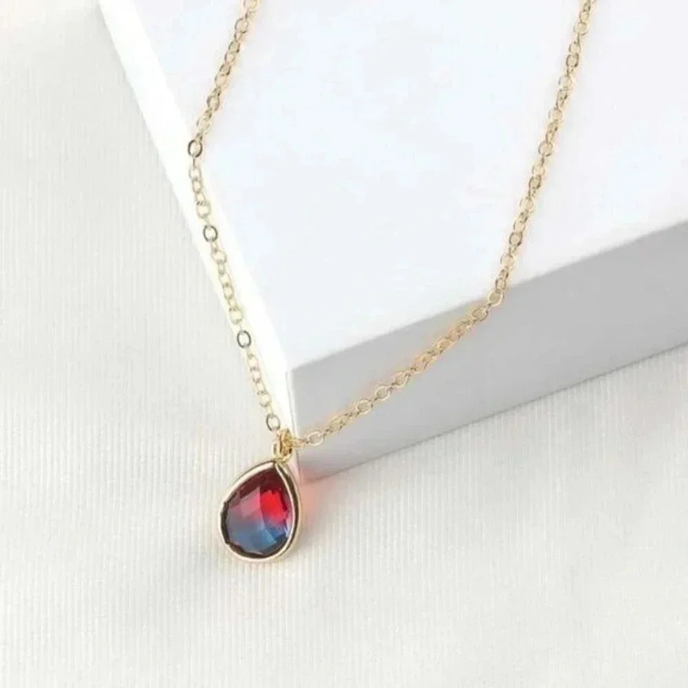 Ombre Crystal Teardrop Pendant Necklace Red Blue